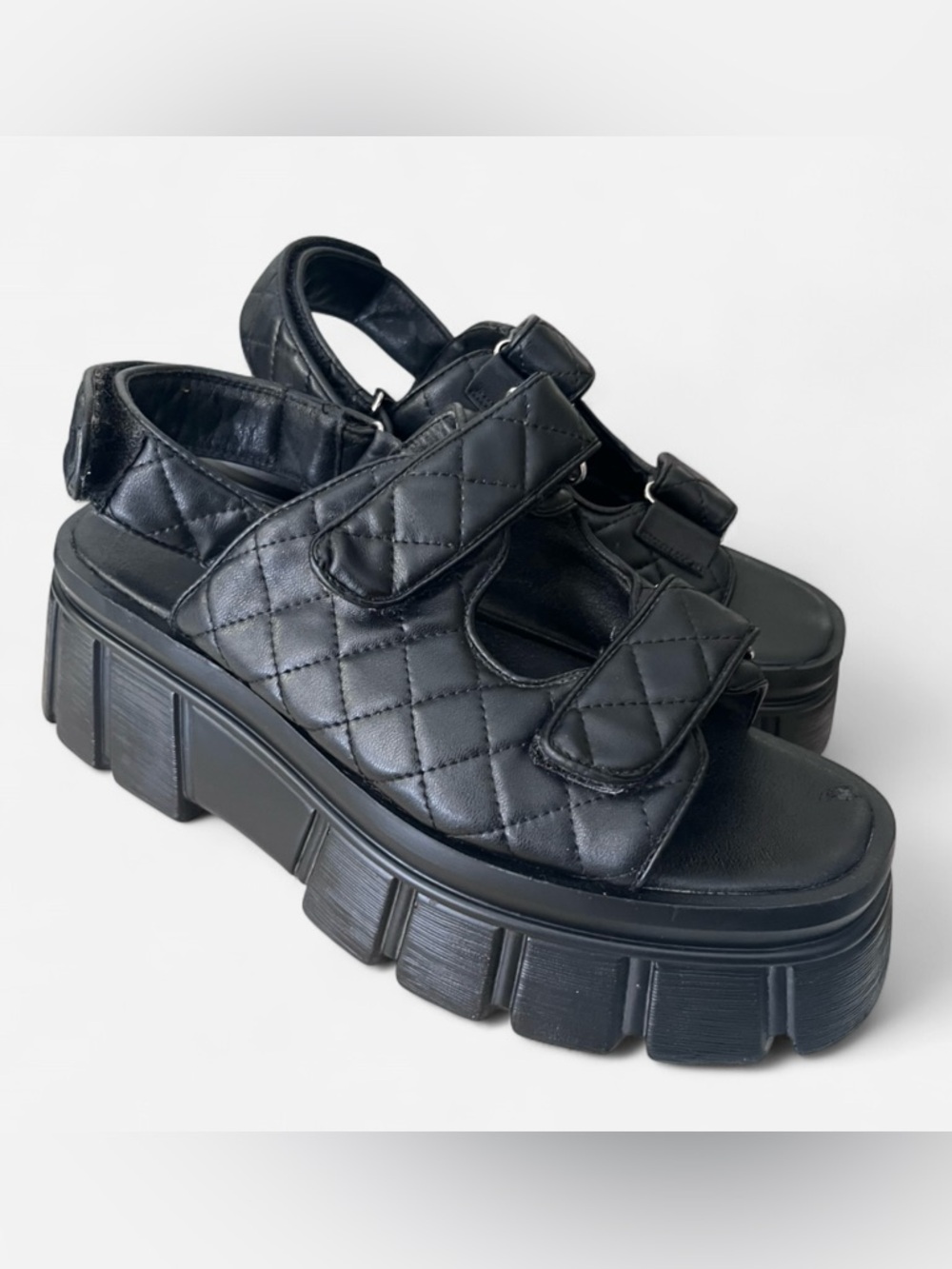 Quilted Platform Strap Sandals - Black